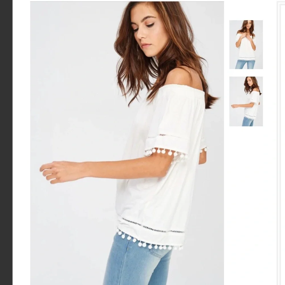 NWT - Only 1 Left - White off the shoulder Pom Pom trim top, size medium shirt - Picture 2 of 2